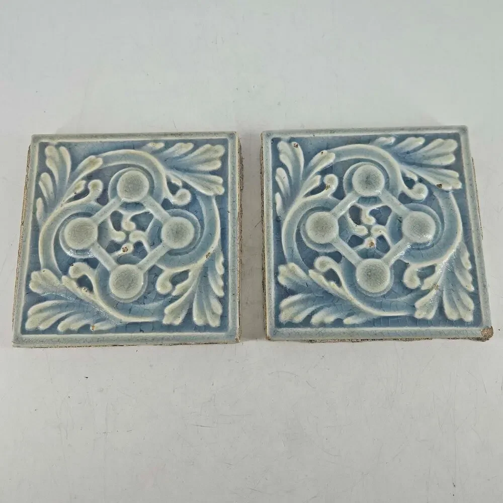 Antique Hamilton Tile Works Victorian pair of embossed tile tiles 4.25